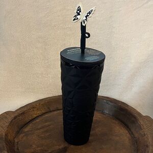 Starbucks Matte Black Geometric Limited Edition 24 oz Tumbler Butterfly topper
